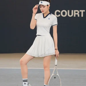 Bộ đồ Pickleball, cầu lông, tennis nữ Fitme ES áo polo tôn dáng, chân váy 3 lớp Trắng Navy năng động có quần bảo hộ